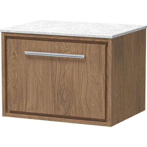 Longnor 1 Drawer Wall Hung Vanity Unit with White Marble Worktop, Antique Oak, 600mm (1/4)