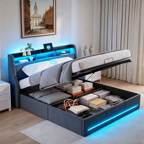 Letto contenitore 160x200 cm con doppio LED e presa elettrica, letto matrimoniale in lino grigio, testiera contenitore, rete a doghe (1/5)