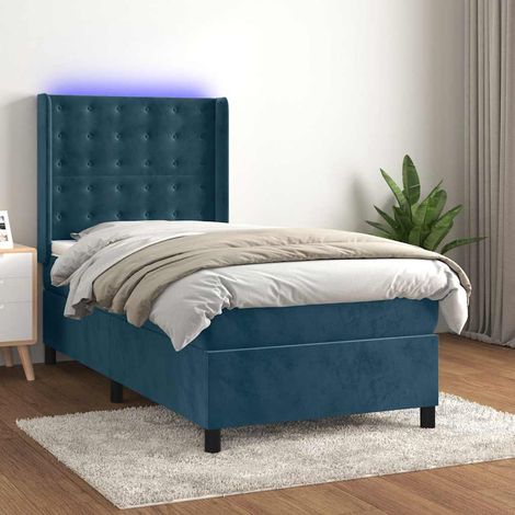 Cama box spring colchón y LED terciopelo azul oscuro 90x200 cm (1/5)