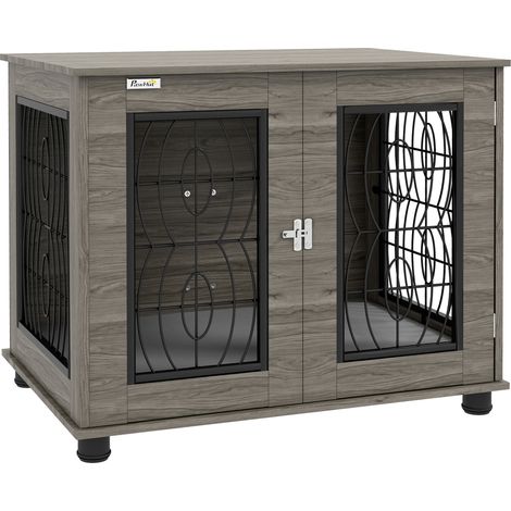Cage pour chien avec coussin jusqua 20kg 50cm metal 80x56x63cm gris decor bois