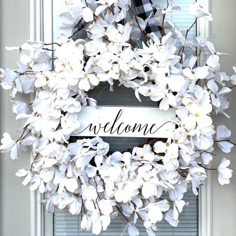 Guirlande Porte - Fleur De Cornouiller Artificielle - Motif Carreaux Buffalo - Blanc - 40 Cm - Décoration Extérieure Intérieure - 1 Pièce (1/5)
