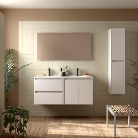 Meubles de salle de bains NOJA 1200 2 portes et 2 tiroirs BLANC SATIN + Plan vasque + Miroir (1/2)