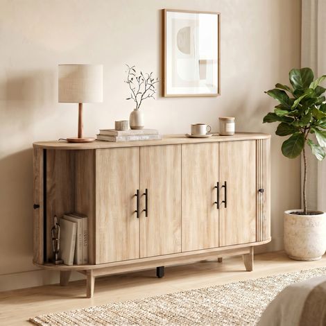 Buffet salon, meuble de rangement ovale avec 4 portes et 2 étagères réglables, 147x40x76cm, chêne (1/5)