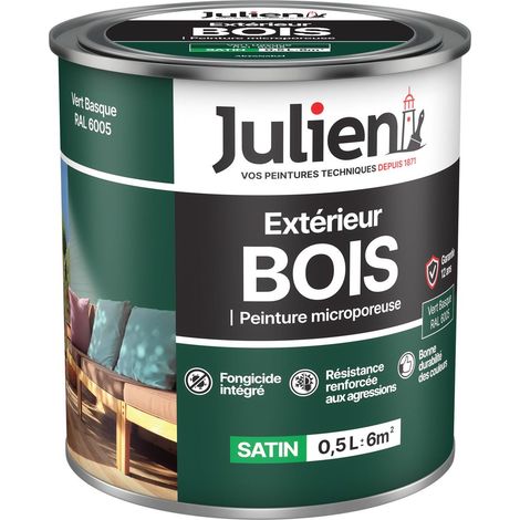 Julien Peinture Bois Microporeux Extérieur Satin - Portes, fenêtres, portails, mobilier de jardin - Vert Basque 0,5 L
