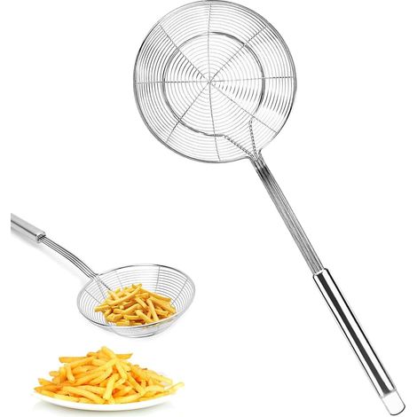 Espuma araña de cocina, espumadera de acero inoxidable para freír, colador araña con mango, espumadera araña, para cocinar, asar, cocinar al vapor y recoger alimentos (14 cm)