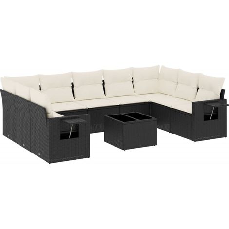 Salon de jardin 10 pcs  Mobilier de jardin avec coussins noir résine tressée (1/5)