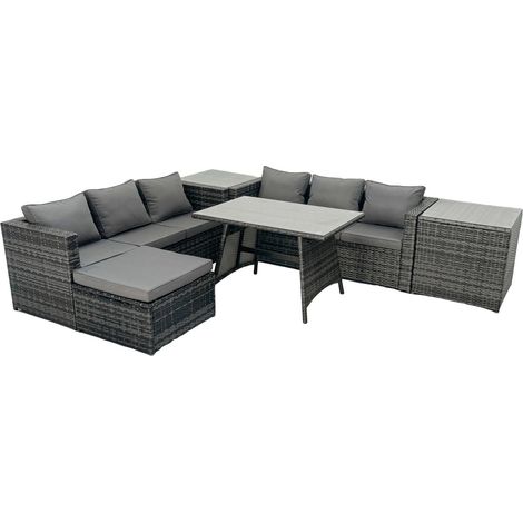 Fimous Rattan Dining Table Sofa Set with 2 Side Tables Big Footstool Outdoor Garden Furniture Set Dark Grey Mixed (1/5)