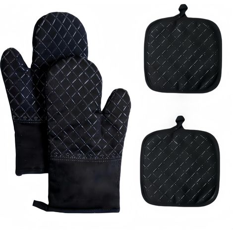 4-teiliges schwarzes Ofenhandschuh- und Pfannenrost-Set – Verlängerte Ausführung – Hitzebeständig bis 260 °C – Rutschfeste Silikonbeschichtung zum Kochen und Backen (1/4)