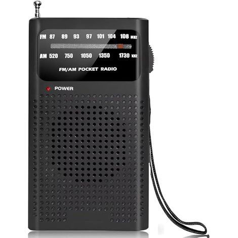 Radio AM/FM portable d'urgence Innovaland - Radio de survie 2 bandes à piles pour les voyages et le camping - Petite radio de poche avec antenne télescopique, prise casque et bandoulière, noire (1/5)
