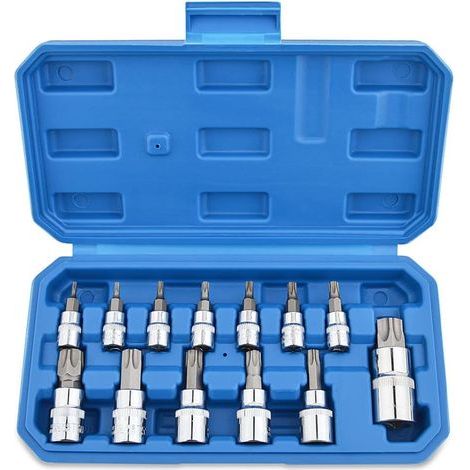 13 Pièces Jeu de Douilles Torx Embouts Tournevis Male Femelle T8  T70 en Acier Chromé au Vanadium 1/4" 3/8" et 1/2" avec Boite pour Stockage