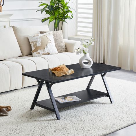 Mesa de centro industrial 110x57x44.5 cm, con doble almacenamiento, estructura metálica, MDF negro (1/5)