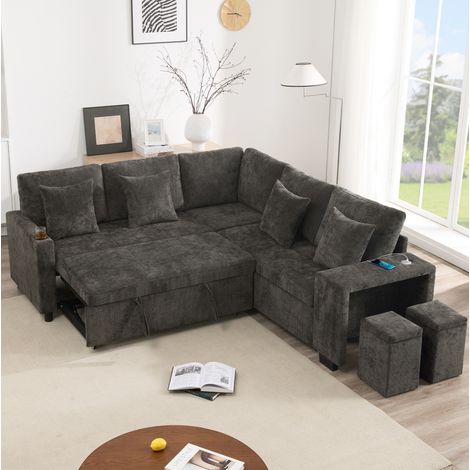 Sofá chaise longue convertible con arcón, puertos USB y USB-C, gris DESVIAE (1/5)
