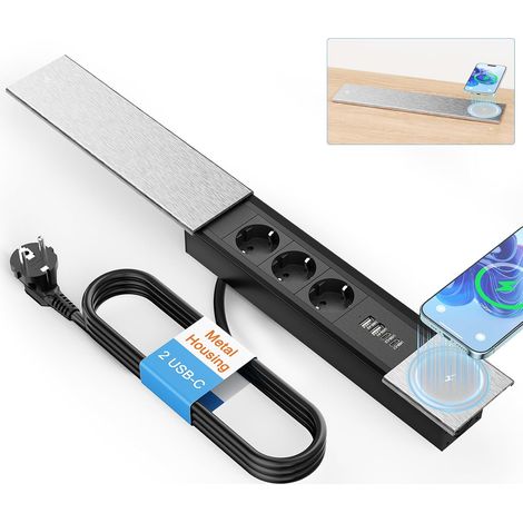 Bloc Prise Encastrable avec Chargeur sans Fil 15 W, Multiprise Encastrable avec 2 USB-C PD 30 W et 2 Ports USB-A, Boîtier Métallique, Câble de 1,8 m
