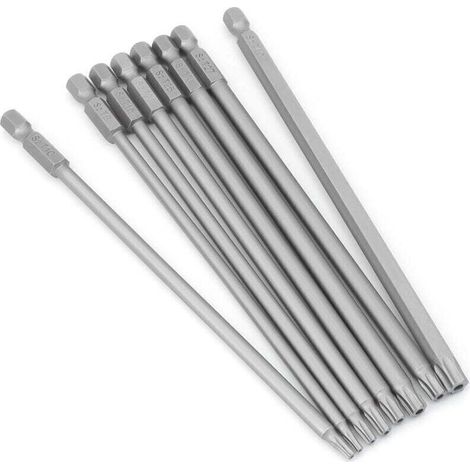 Enowelir Lot de 8 embouts Torx longs - 1/4" - Magnétiques - Tête d'étoile - 150 mm de long - Tige hexagonale - Jeu d'outils électriques Torx (8 pièces de 150 mm) (1/4)