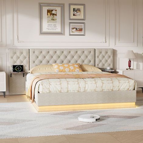 Cama con almacenamiento 140x200 cm, Cama 140x200 cm con somier, Cama para 2 personas, Luces LED, Cofre de cama, Cabecero con 2 estanterías, Beige (1/5)