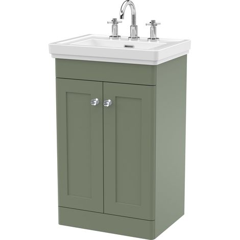 Nuie Classique Floor Standing 2-Door Vanity Unit with Basin 500mm Wide Satin Green - 3 Tap Hole (1/5)
