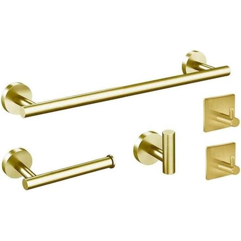 Badezimmer-Accessoire-Set aus gebürstetem Gold, Handtuchhalter, Handtuchstange, Bademantelhaken, Seifenschale, Handtuchring, Toilettenpapierhalter aus Edelstahl (5-teiliges Goldset) (1/4)