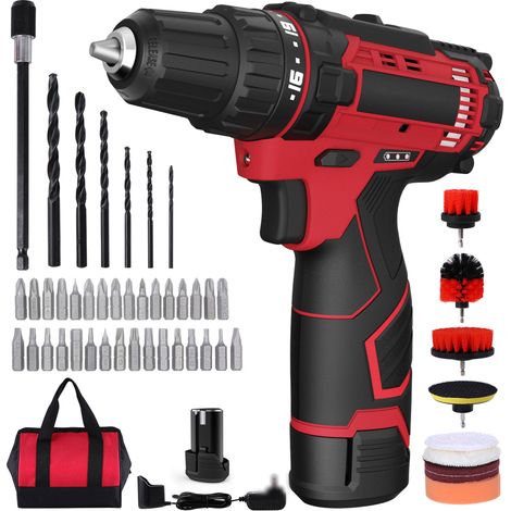Kit perceuse-visseuse sans fil 12 V, 50 charbons, tournevis 18+1 embrayage, LED, 2 vitesses, 280 po-lb, mandrin sans clé 3/8 po, rouge, UE (1/5)