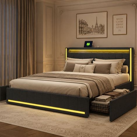 Lit double 160x200 cm avec 4 tiroirs, tête de lit capitonnée avec LED RGB et ports usb type-c, Tissu en lin, Gris (1/5)