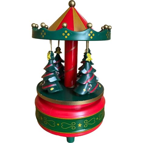 Boîte à musique carrousel, rotative, en forme de cheval avec 4 sapins de Noël, jouant « Joyeux Noël », idéale comme cadeau de Noël ou d'anniversaire. (1/5)