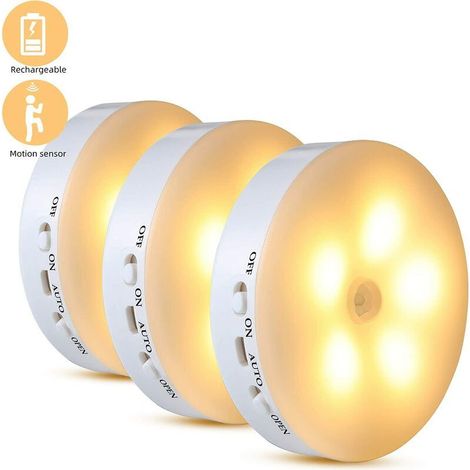 Veilleuse Rechargeable Lot de 3 avec Capteur de mouvement Lampe Nuit Murale Automatique Veilleuse Enfant LED Lampe pour Chambre Bébé, Salon, Garage, Salle de Bains et Couloir, Blanc Chaud (1/5)