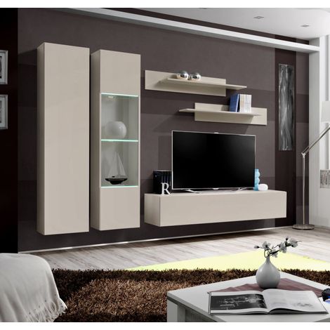 Ensemble meuble TV mural Fly A5 avec vitrine et éclairage LED - Bois MDF cachemire - 240 x 170 x 40 cm - Livraison gratuite