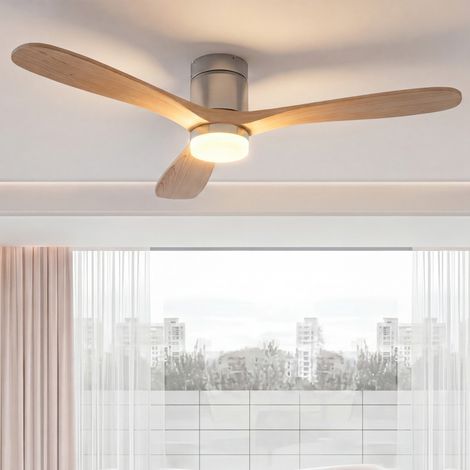 Ventilateur de Plafond Lumineux - 52" / 132cm - 3 Pales en Bois Massif avec Éclairage LED Tricolore et Télécommande - Bois Naturel (1/5)