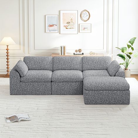 Divano modulare a 3 posti con pouf in tessuto ciniglia, divano compresso, non richiede montaggio, profondità seduta 60 cm, soggiorno moderno, grigio, 286x182x65 cm (1/5)