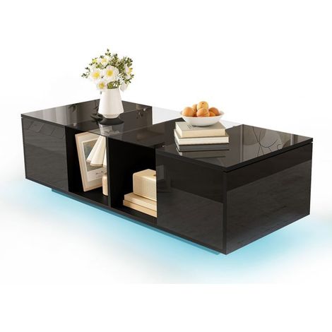 Table basse 120 cm, plateau laqué brillant table basse salon, LED couleurs personnalisables, rangement intégré (1/5)
