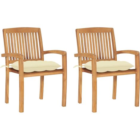 Lot de 2 Chaises de jardin - Chaises d'extérieur pour terrasse/jardin avec coussins blanc crème Bois de teck BV687052 - BonneVie (1/5)