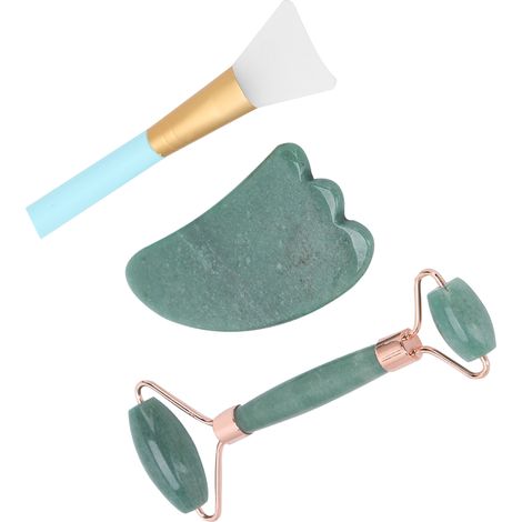 Lot double tête rouleau massage visage corps Gua Sha planche raclage brosse masque set vert (1/5)