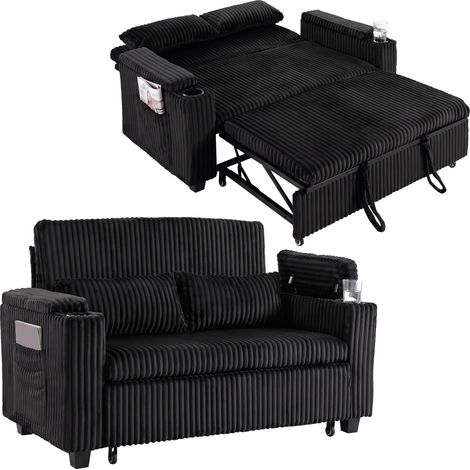 HOMCOM 2 Seater Sofa Bed, 3-in-1 Corduroy Pull Out Sleeper Sofa, Black (1/5)