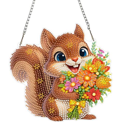 Diamond Painting Anhänger Set Eichhörnchen mit Blumen, Fensterbild Bastelset mit Kette