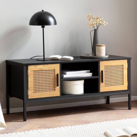 Meuble TV 2 portes noir et naturel avec inserts effet rotin - ROTZY