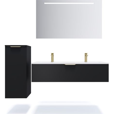 Meuble de salle de bain suspendu double vasque intégrée 120cm 1 tiroir Noir + miroir + colonne ouverture gauche - Venice (1/5)