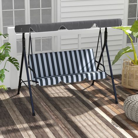 3-Sitzer-Gartenschaukel mit verstellbarem Kippdach und Kissen, 1,72 x 1,1 x 1,53 m, schwarzer Stahl, graues Polyester