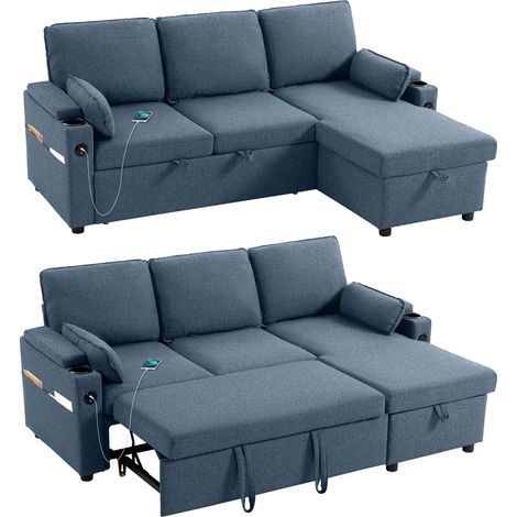 HOMCOM Corner Sofa Bed, L Shaped Sofa with Storage Chaise, USB Ports, Blue