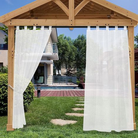 Rideau d'extérieur Imperméable pour Porche Semi-Transparent Rideau Voilage Blanc avec Pattes Fixation Facile Décoration Drapé pour Balcon, Jardin, 2 Pièces, 132x213cm (1/5)