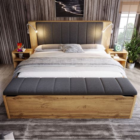 Cama doble con mesitas banco almacenaje USB roble OKMYHOME (1/5)