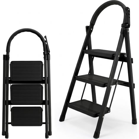 Escalera 3 peldaños plegable acero hasta 150 kg negra (1/5)