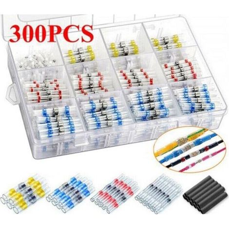 1 jeu de cosses thermorétractables, assortiment de connecteurs bout à bout isolés à bague de soudure étanche 300 pièces blanches 25 rouges 35 bleues 30 jaunes 10 tubes 200, (1/4)