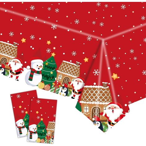 2er Set Weihnachtstischdecke 137x274cm Rot mit Weihnachtsmann & Schneemann Motiv