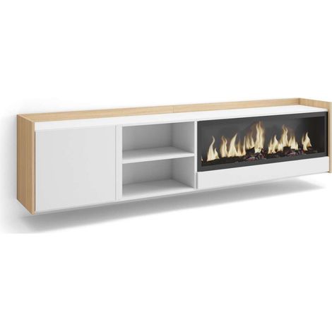 Mueble TV Torremolinos-01 de 212x50x35 cm con chimenea eléctrica XXL, suspendido, color blanco y roble soft (1/4)