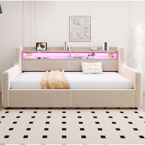 Divano letto 90x200 cm beige in velluto - con vano contenitore, LED e rete a doghe (1/4)