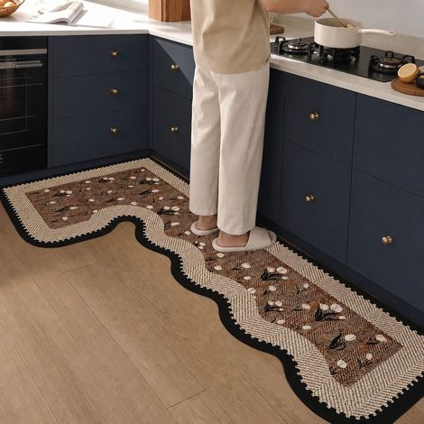 Tapis de cuisine en diatomite en L droite, motif floral branches brunes, 100 x 120 cm (1/5)