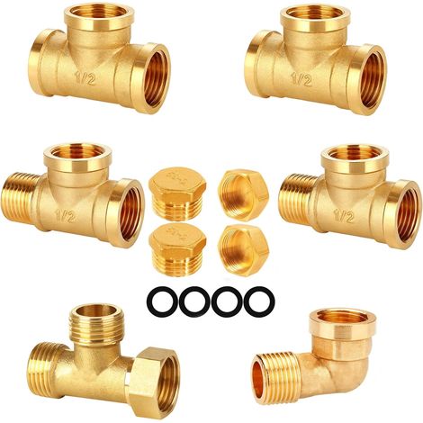 Kit de Raccords de Plomberie en laiton G1/2” (DN20mm) Tuyaux d'eau 10pcs Raccords de Tuyauterie Filetage coudes, T-tées, Bouchons Filetés, pour eau Potable Salle de Bains DIY (1/5)