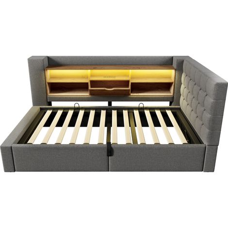 Lit rembourré 90 x 190 cm, lit simple avec éclairage LED, rangement hydraulique, tête de lit en L avec rangement, montage réversible des deux côtés, sommier à lattes, tissu de lin, gris (sans matelas) (1/5)