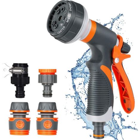 Pistolet d'arrosage, Pulvérisateur de Jardin, 8 Modes d'Arrosage Pistolet Arrosoir avec 4 Interface pour le Lavage des Voitures, les Jardins, les Plantes, les Animaux domestiques (1/5)