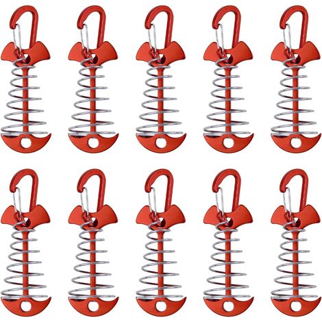 Paquete de 10 anclajes resistentes al viento de aleación de aluminio con hebilla de resorte, para acampada al aire libre, portátiles, rojos. (1/5)