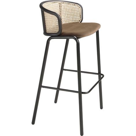 Tabouret design marron et rotin Angel Cerda - Marron velours et rotin naturel (1/5)